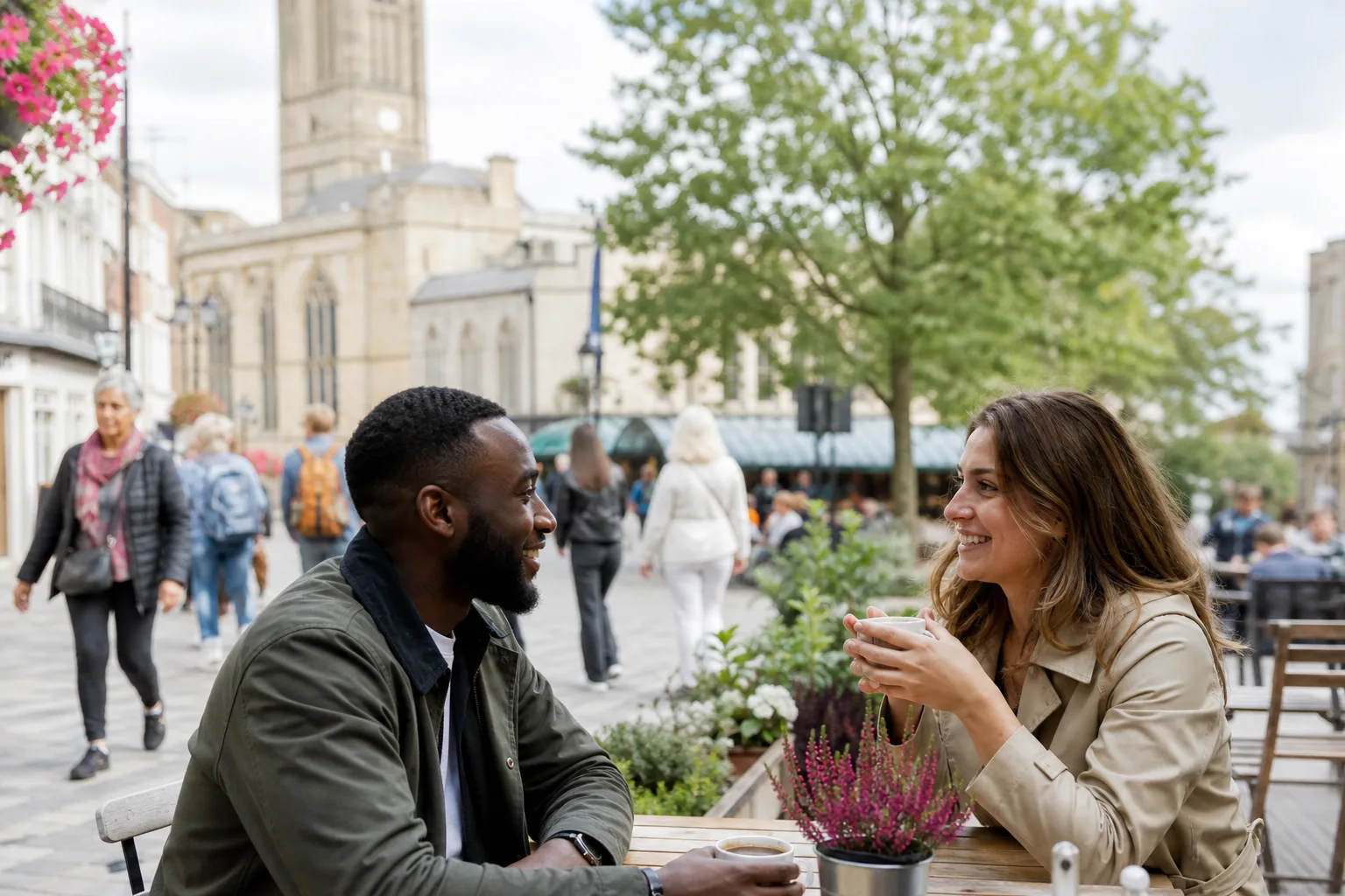 Two people talking over coffee in Northampton town centre