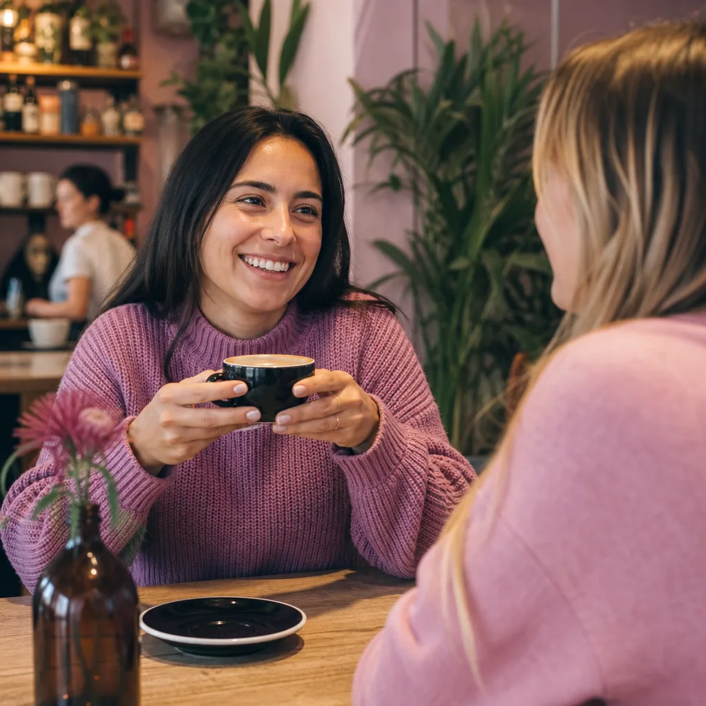 Two women and a man having a relaxed conversation in a Southampton café