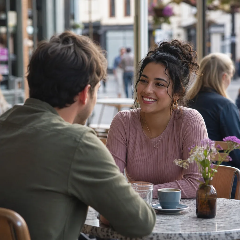 Two adults chatting at an outdoor café in central Northampton