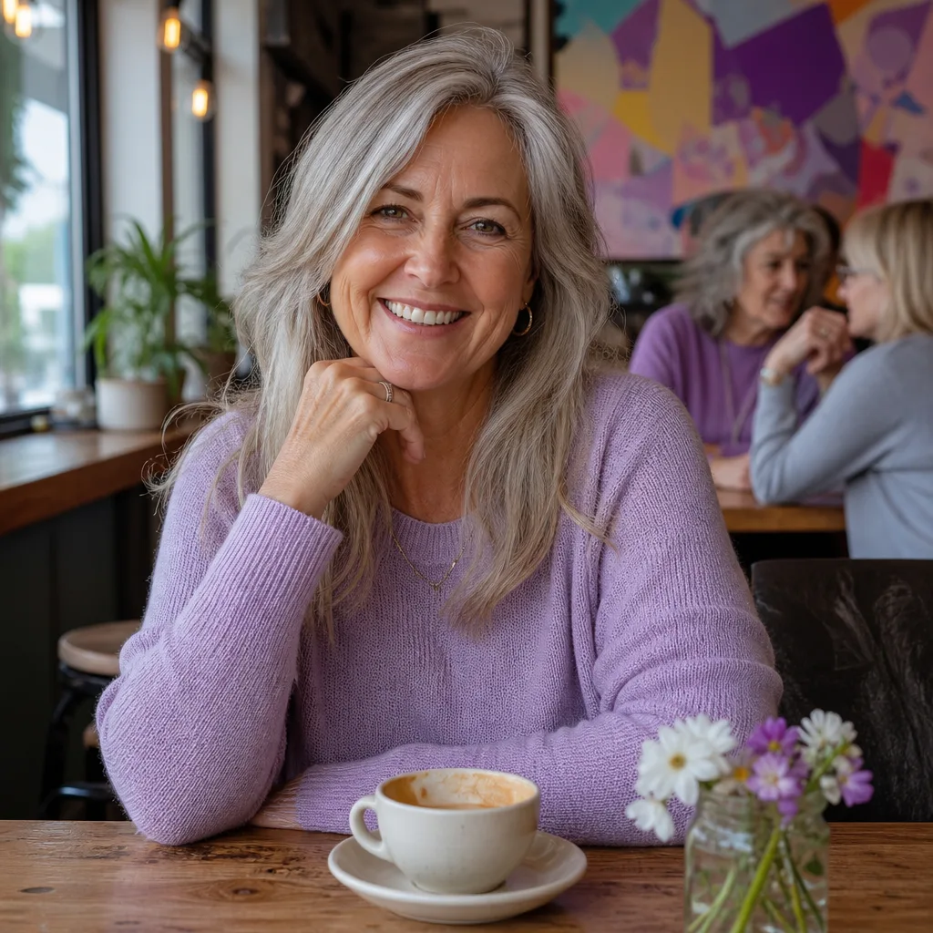 Woman over 50 using a dating website at home with a cup of tea